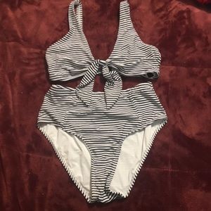 Navy blue and white striped bikini